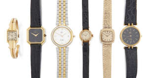 
	
		A collection of six lady's wrist watches, comprising:  a 9ct gold bracelet watch by...