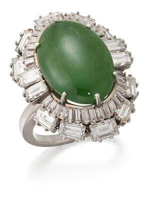 
	
		A jade and diamond cluster ring, the oval cabochon jadeite jade claw-set with baguette...