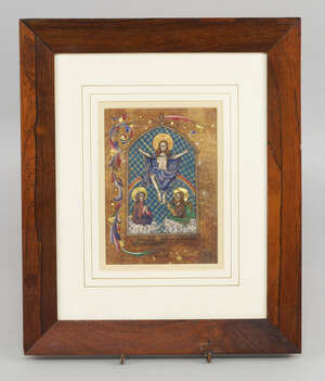 
	
		An illuminated manuscript depicting Christ in majesty seated on a rainbow with Mary and...