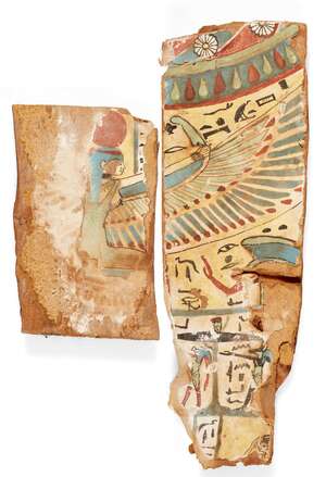 Two adjoining Egyptian polychrome gesso painted wood panels, 3rd Intermediate Period circa 800-700 B.C., beneath a floral collar a kneeling winged goddess hold