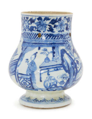 A Chinese porcelain hanging vase, Kangxi period, with bulbous body above spreading foot, painted in underglaze blue with ladies in a continuous garden landscap