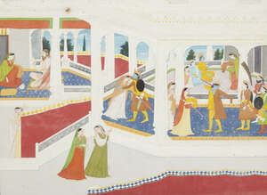 
	
		An illustration to a Ramayana Series: Rama, Lakshmana and Sita discard their fine clothes...