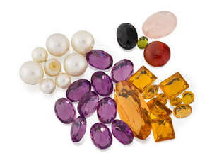 
	
		A collection of loose gems, cultured pearls and pastes, comprising: an oval peridot;...