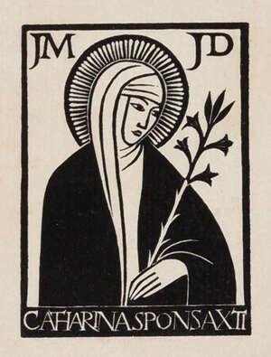 RTO - Desmond Chute,
		British 1895-1961- 
		 
		St. Catherine (Catharina sponsa Xti); 
		 
		wood engraving on paper laid on a larger sheet of paper, s