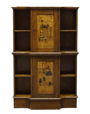 
	
		A French Oak book case/cabinet
		c.1900
		Shaped top with two doors below each inlaid...