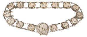 Kate Harris for William Hutton & Sons, a silver belt 
		Mark of William Hutton and Sons Ltd, Birmingham hallmarks 1904
		Each link embossed with the head of 