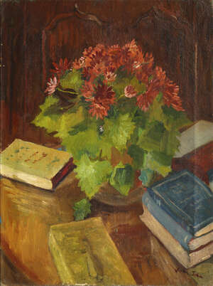 
	
		Vivien John, British 1915-1994- Books at Fryern Court; oil on canvas, signed, 61x46cm...