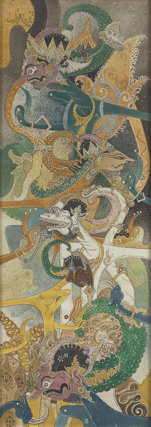 
	
		NIK ZAINAL ABIDIN (1936-1993), ink and colour on paper, Wayang Kulit figures, signed and...