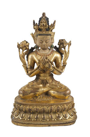 
	
		A Sino-Tibetan gilt bronze jewelled figure of Maitreya, 17th/18th century, seated in 