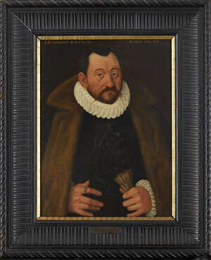 German School, 
		mid 16th century- 
		Portrait of Dr Hieronymus zum Lamm, half-length, in a fur-lined coat, aged 44 years; 
		oil on panel, inscribed, 43x3