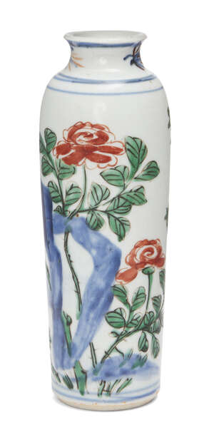 
	
		A Chinese porcelain wucai sleeve vase, 17th century, painted with flowering peony...