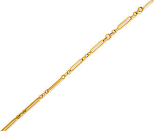 
	
		 A 19th century gold watch chain, of fetter and three-link design, length 44.0cm

	

