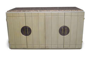 
	
		Derek Frost, a grey painted side cabinet, late 20th century, with rectangular granite top...