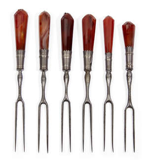 
	
		Six agate handled fruit forks, 18th/19th century, each with facetted haft and baluster...
