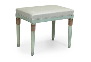 An Art Deco turquoise painted and parcel silver-gilt stool, second quarter 20th century, on fluted legs, 46cm high, 56cm wide, 38cm deep
Provenance: Supplied b