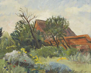
	
		Owen Bowen, 
		British 1873-1967 - 
		Barn and garden; 
		oil on board, signed lower...