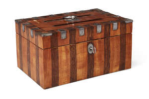 
	
		A satinwood and white metal mounted letters box, 19th century, the banded top with white...