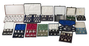 A late Victorian cased set of six silver Apostle spoons, with sugar tongs and sifting spoon, London 1897,  Charles Boynton (II), with Apostle terminal above wr