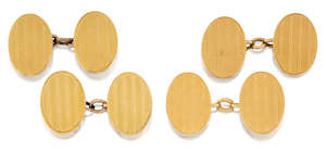 Two pairs of 18ct gold cufflinks, each of oval link with linear detail, chain link connections, London hallmarks, total weight 24.9g