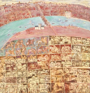 Sonia Lawson RA, British b.1934 - Pilgrims Rendezvous at Southwark / Homage to Chaucer, 2002; acrylic and mixed media on paper, signed in pencil lower left 