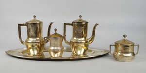 
	
		A WMF (Württembergische Metallwarenfabrik) German Secessionist silver plated five piece...