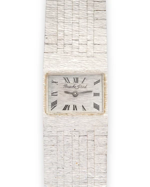 Bueche-Girod. An 9ct gold manual wind bracelet watch London hallmark for 196617 jewel manual wind movement, rectangular shaped silvered dial with sector dial,