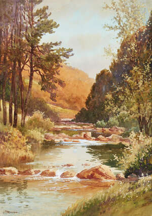 
	
		Joseph Edward Hennah, 
		British 1897-1963- 
		 
		A rocky stream; 
		 
		
