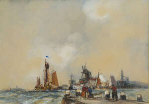 
	
		Frank Henry Mason RBA RI RSMA, 
		British 1875-1965-
		 
		Figures on a Jetty with...