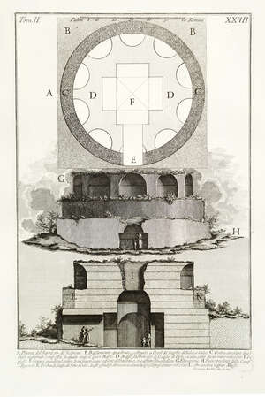 Giovanni Battista Piranesi, 
		Italian 1720-1778- 
		 
		Pianta del Sepolcro de' Scipioni, & Pianta di un Sepolcro situato sull' antica Via Appia v