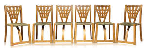 
	
		A set of six modern pine dining chairs 
		c.1990 
		the backrests with tapering slats,...