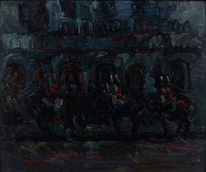 
	
		RTO Mervyn Rowe, 
		British b. 1938-
		 
		Horse Guards Parade;
		 
		oil on board,...