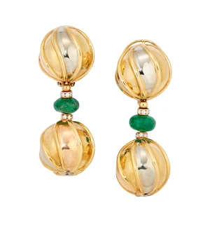 A pair of diamond and emerald drop earrings, composed of spherical drops of three-colour grooved...