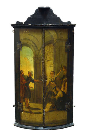 
	
		A Continental painted corner cupboard, 19th century, the two cupboard doors painted with...