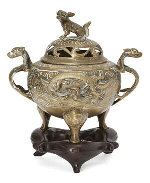 
	
		A Chinese polished bronze censer and cover, 19th century, modelled with chilong dragon...