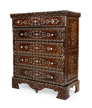A modern bone and mother of pearl inlaid hardwood commode, of Syrian style, with marble top...