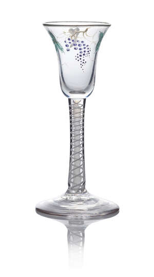 A George II Bielbey wine glass, c. 1750/60, the bowl decorated with polychrome enamels and gilded with fruiting vine and flying insect in turquoise, amethyst a