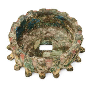 An Egyptian gilt bronze hollow uraeus diadem, Late Period to Ptolemaic, 664-30 B.C., with red enamel paste inlay remaining, from a very large statue of Isis, t