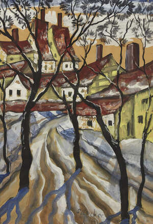 
	
		Hugó Scheiber,
		Hungarian 1873-1950- 
		Road to the Village; 
		gouache, signed lower...