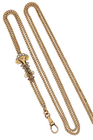 A late 19th / early 20th century gold guard chain, of curb link design with rose-cut diamond and circular ruby set flower spray slide, French marks, length 153