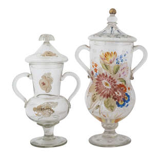 
	
		Two similar Turkish glass twin handled vases with covers, late 19th century, both...
