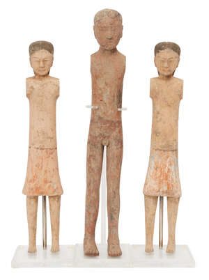 
	
		Three Chinese terracotta tomb figures, Yang Ling mausoleum, Han dynasty, comprising two...