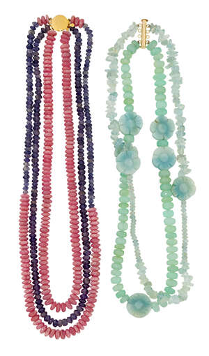 
	
		Two gem necklaces, the first designed as a strand of faceted chrysoprase beads and a...