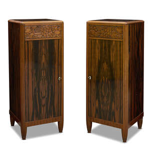 
	
		French Art Deco, a pair of Macassar and mahogany side cupboards
		c.1930
		Each with a...