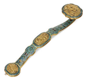 
	
		A Chinese gilt metal and cloisonné ruyi sceptre, Qianlong mark but late 20th century, set...
