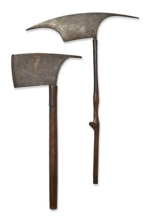 
	
		RTO Two Naga axes, North East India, 19th century, each with steel blade and wood handle,...
