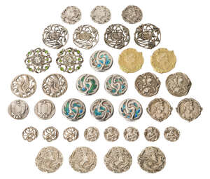 Liberty & Co, a set of six 'Cymric' silver and enamel buttons
		Mark of Liberty & Co, Birmingham 1903, 'Cymric'
		Stylised leaf pattern, high