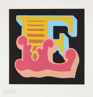 
	
		Ben Eine,
		British b.1970-
		 
		E (pink), 2014; 
		 
		screenprint in colours on...