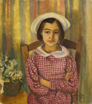 
	
		Vivien John, 
		British 1915-1994- 
		 
		Portrait of a girl against striped...