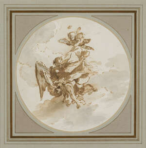 Étienne de La Vallée Poussin, 
		 
		French 1735-1802- 
		 
		Angels and cherubs rising above the clouds; 
		 
		pen and ink with wash, tondo, bears