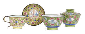 
	
		Four pieces of Chinese Canton painted enamel, 19th century, comprising a bowl and cover,...